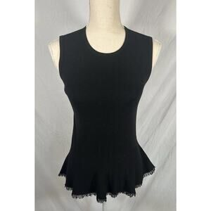 THEORY Briselle Prosecco black knit sleeveless peplum top fringed hem Small